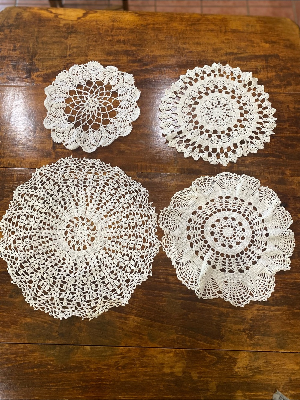 Set of Four Crochet Doilies — Delicate Cream Lace Handmade Vintage Cottagecore